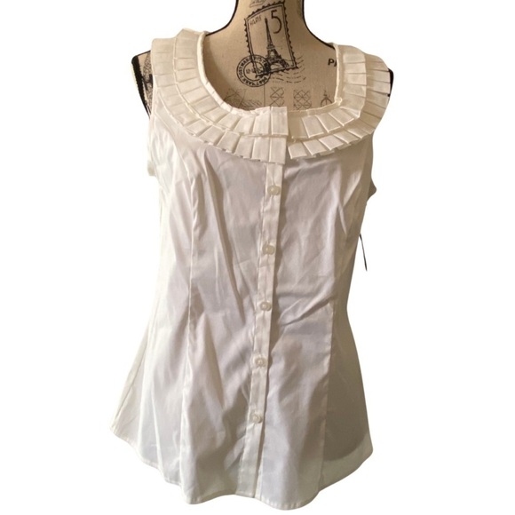 NWT Alfani Cotton Stretch Sleeveless Blouse White Accordion Ruffle Neck Sailor - Picture 2 of 7